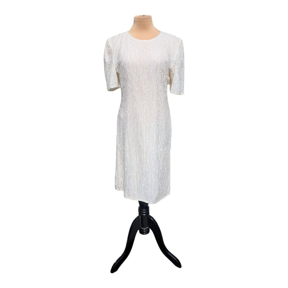 Laurence Kazar Vintage Ivory Beaded Sequin Cocktail Dress Silk Size PS Wedding
